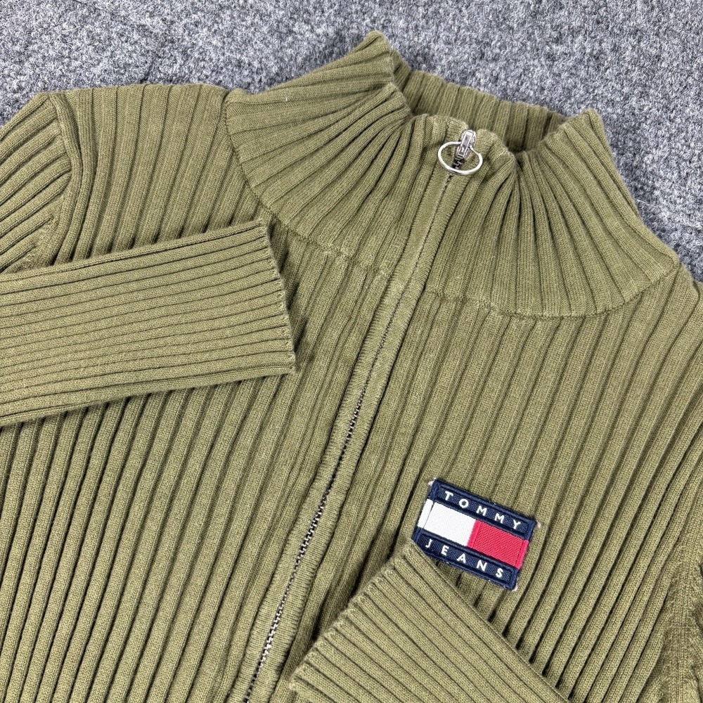 Tommy Jeans Women's Ribbed 1/4 Zip Top Sweater Olive Green Size Medium Y2K Style